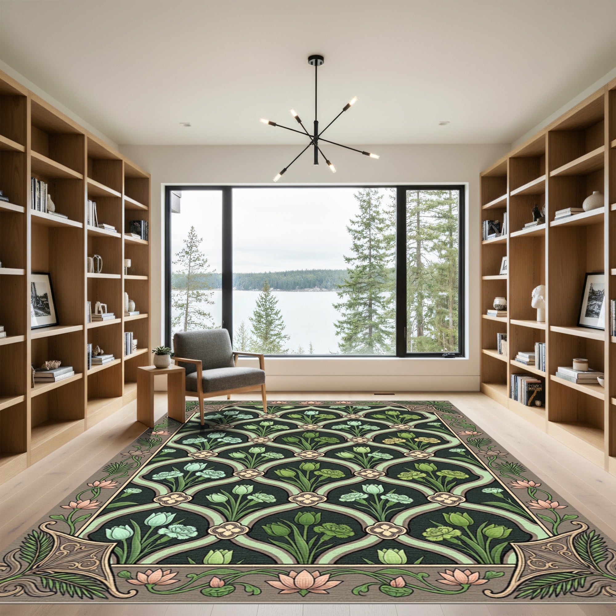 Dark Green Floral Lattice Tulips Rug