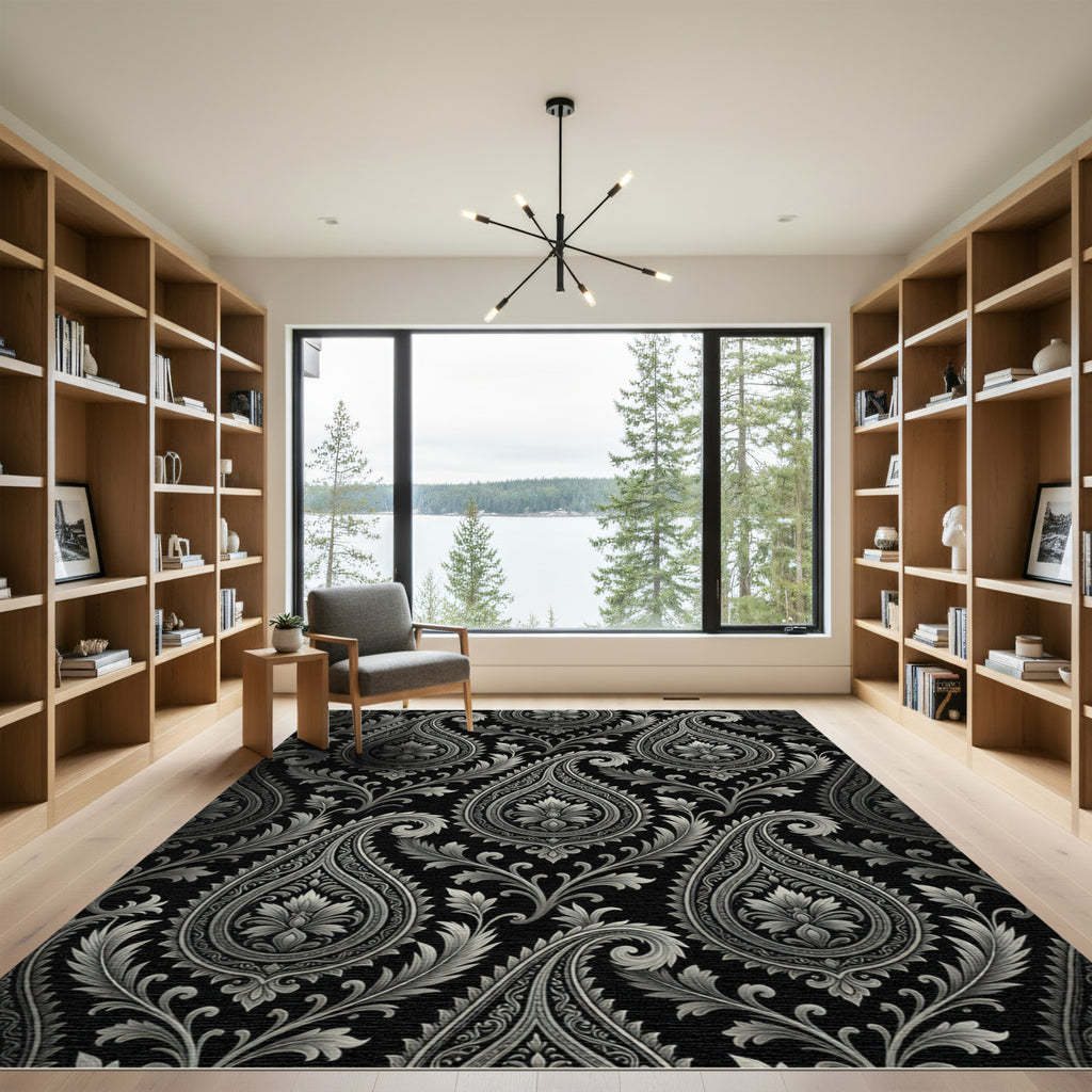 Black and Silver Paisley Floral Art Rug