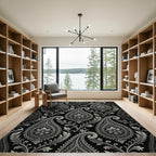 Black and Silver Paisley Floral Art Rug