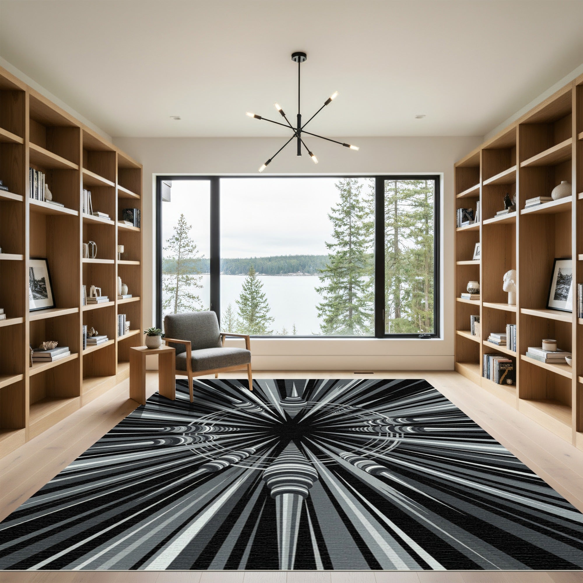 Monochrome Geometric Radial Starburst Art Rug