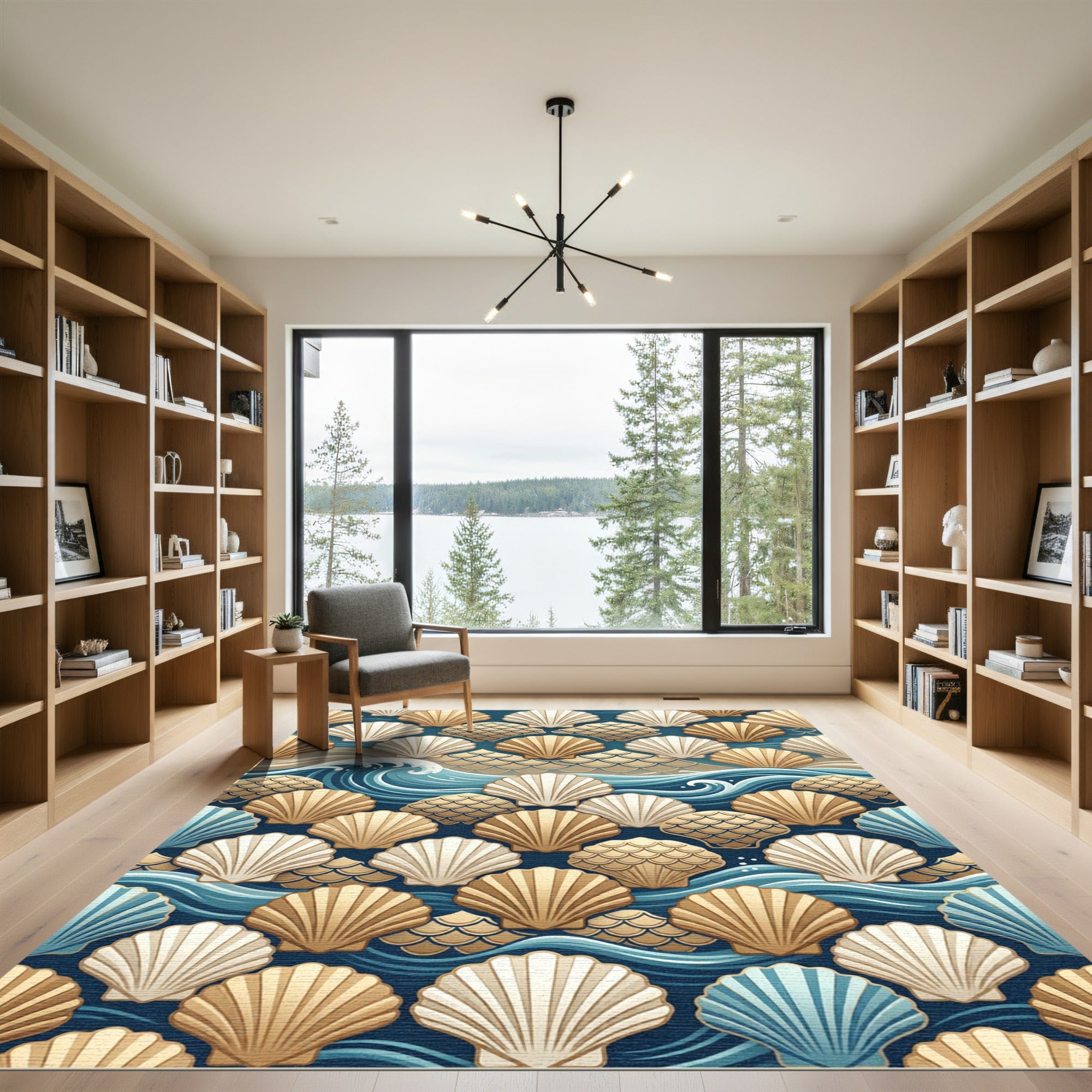 Golden Seashell Wave Nautical Coastal Art Rug