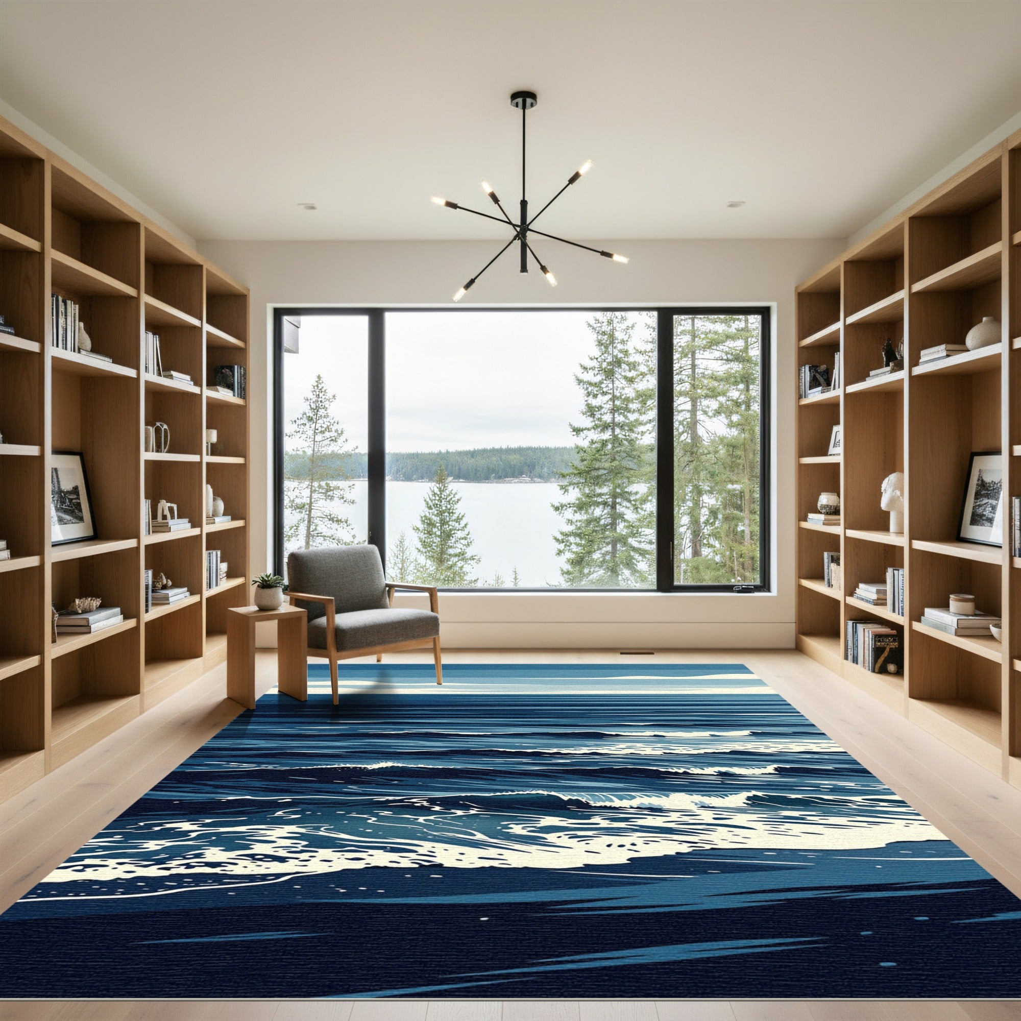 Modern Navy Ocean Wave Art Rug