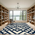 Midnight Navy Cream Interlocking Geometric Grid Rug