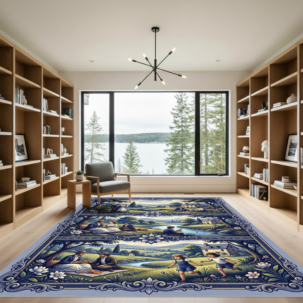 Pastoral Serenity Blue Landscape Scenes Rug