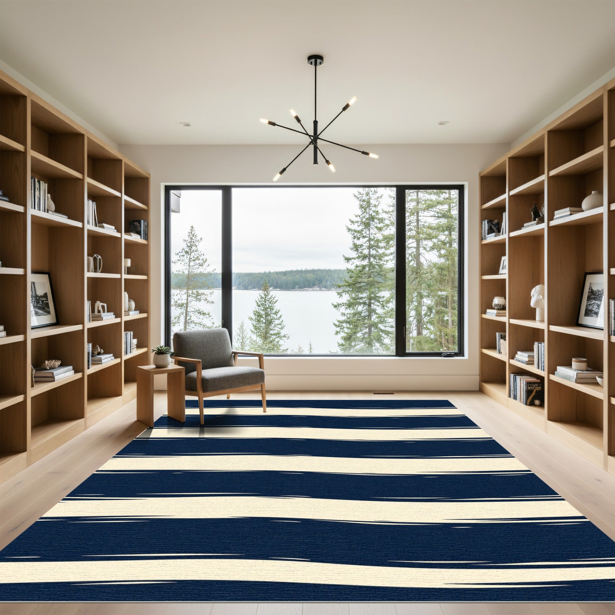Navy Blue Brushed Wavy Horizontal Stripe Rug