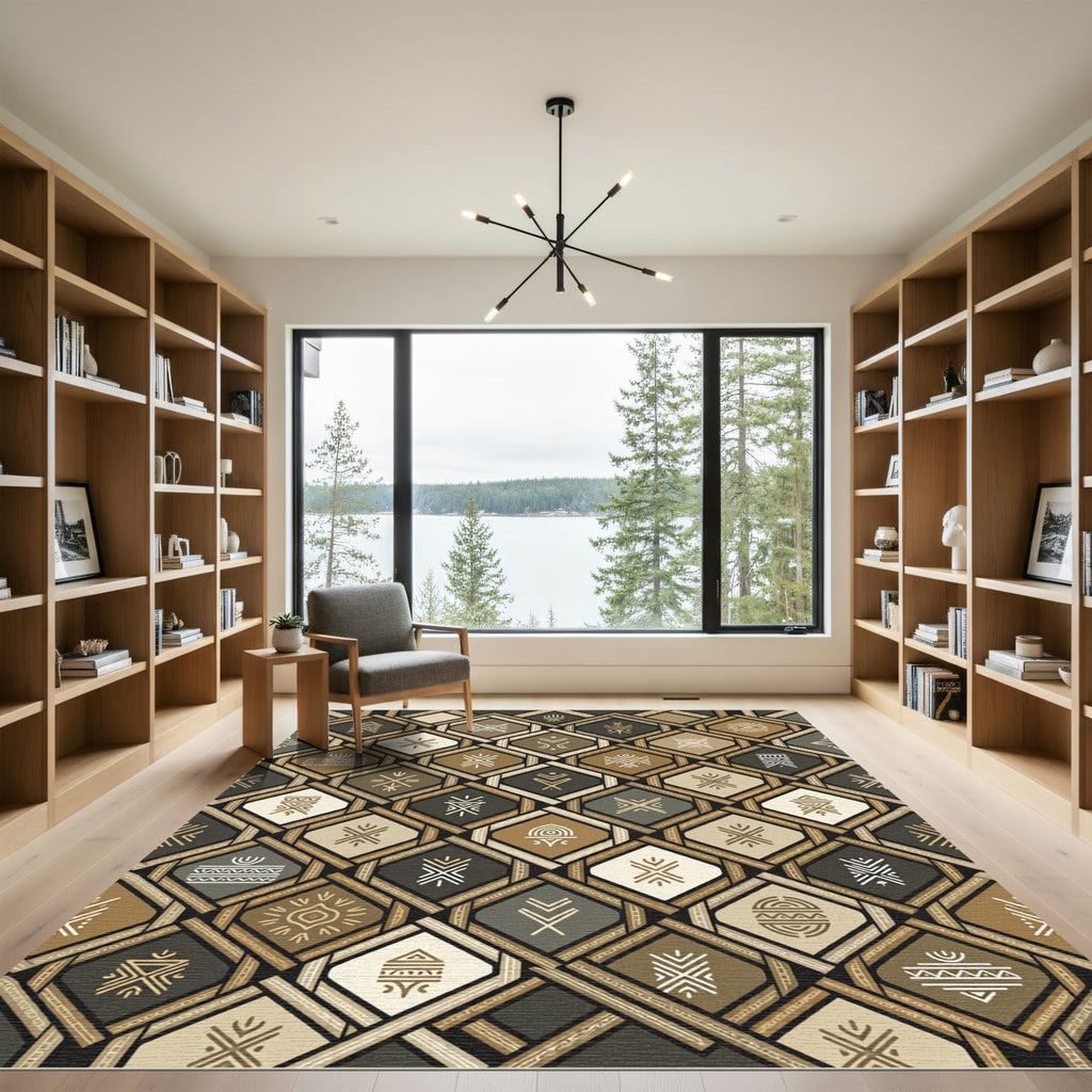 Earthy Brown Geometric Tribal Diamond Artwork Rug