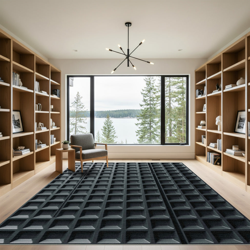 Minimalist Charcoal Grid Geometric Square Rug