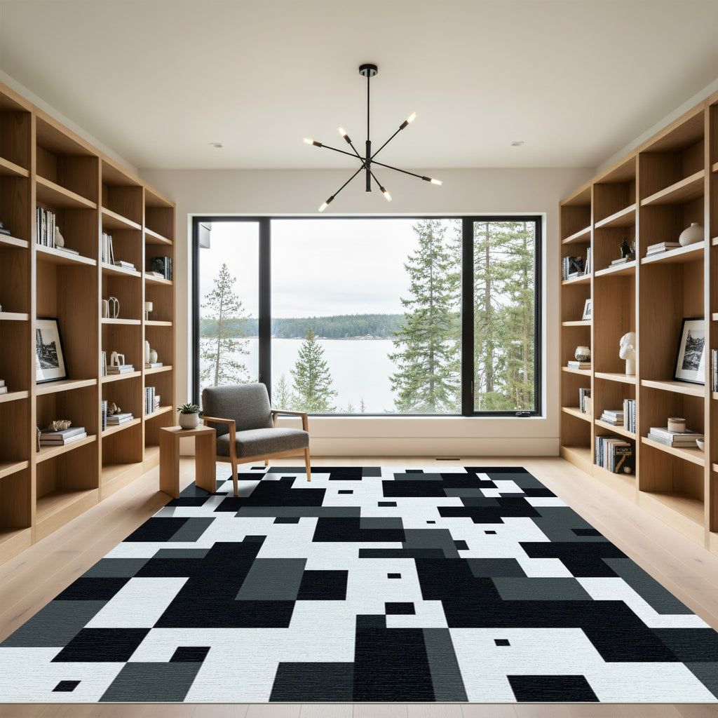 Monochrome Pixelated Geometric Block Rug