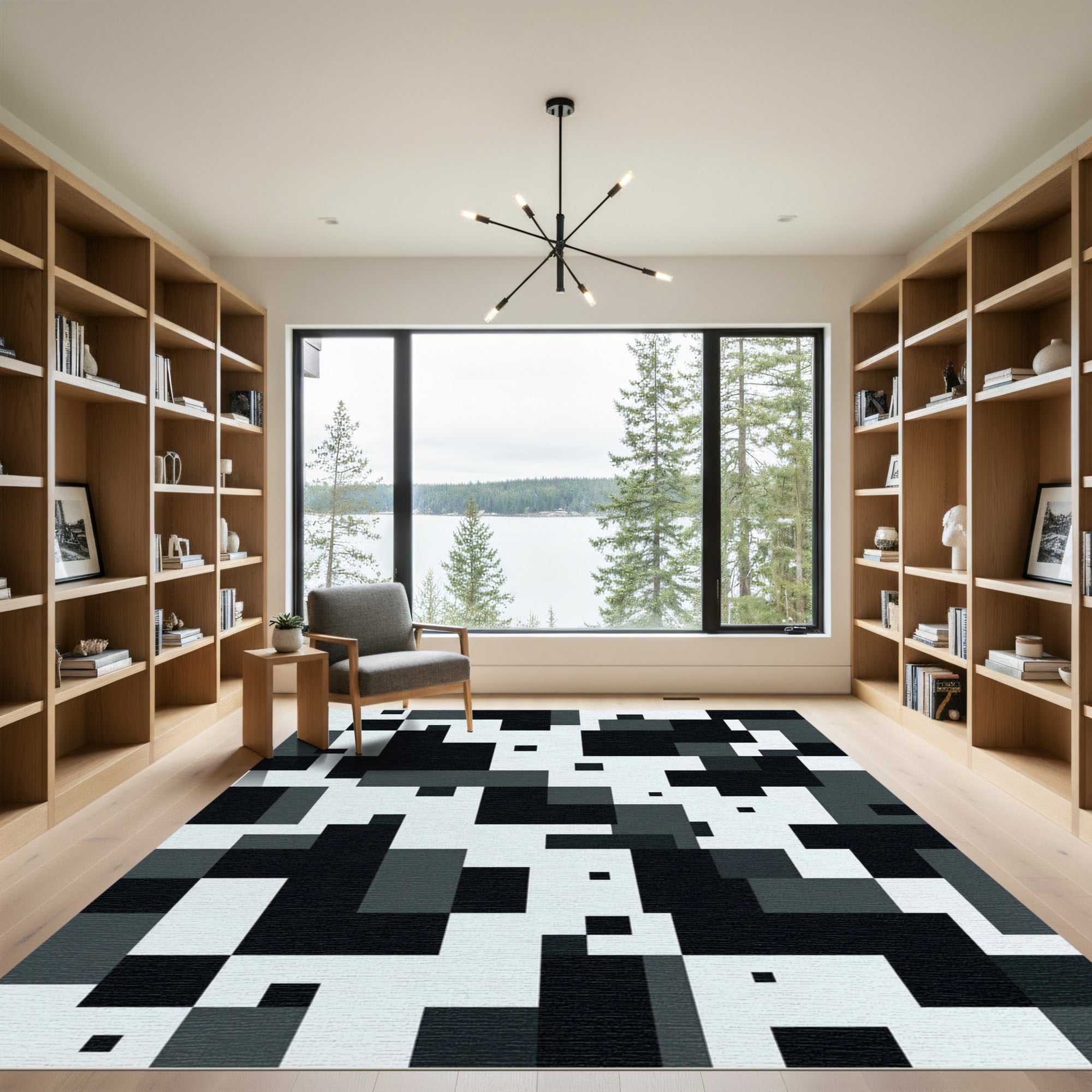 Monochrome Pixelated Geometric Block Rug