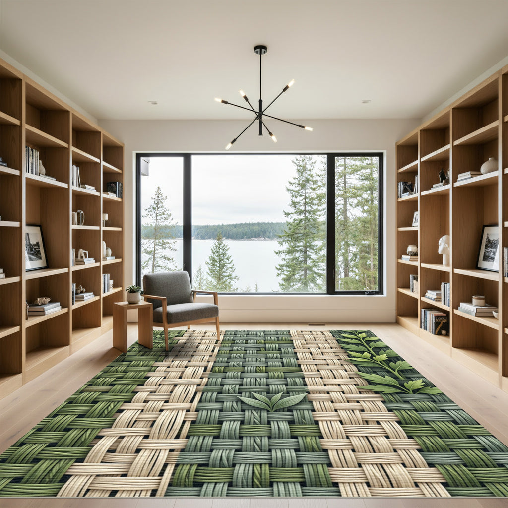 Earthy Sage Woven Basket Weave Botanical Rug