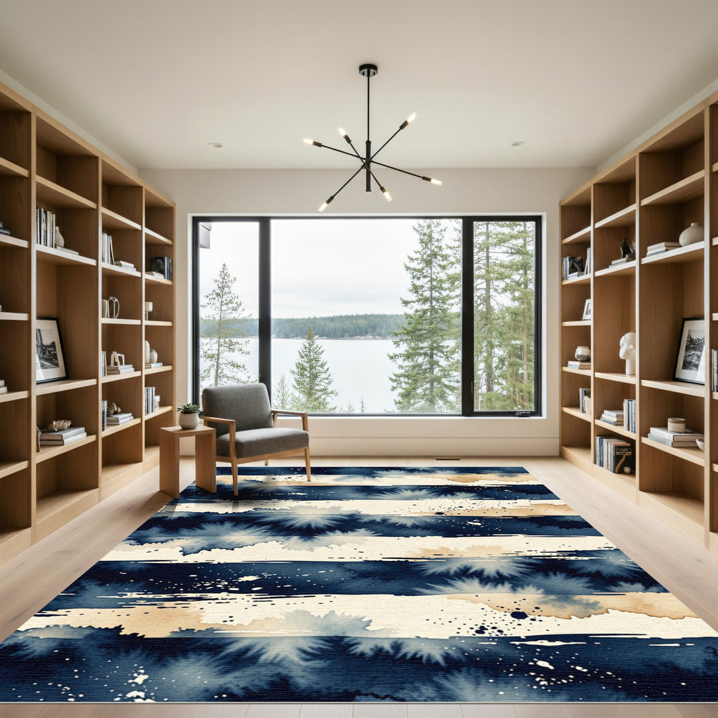 Deep Navy Blue Watercolor Splatter Stripes Rug