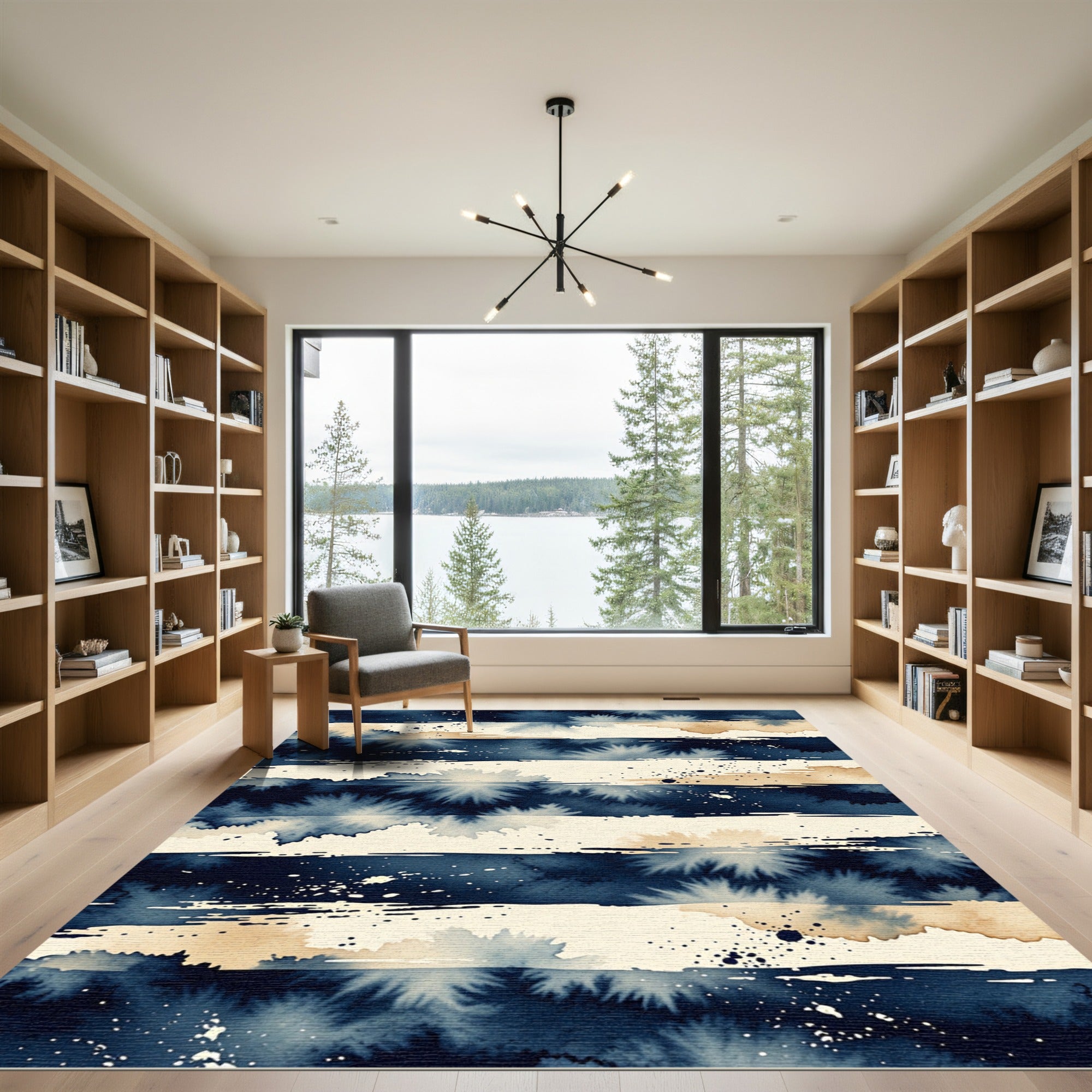 Deep Navy Blue Watercolor Splatter Stripes Rug