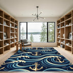 Nautical Navy Blue Anchor Ocean Wave Rug