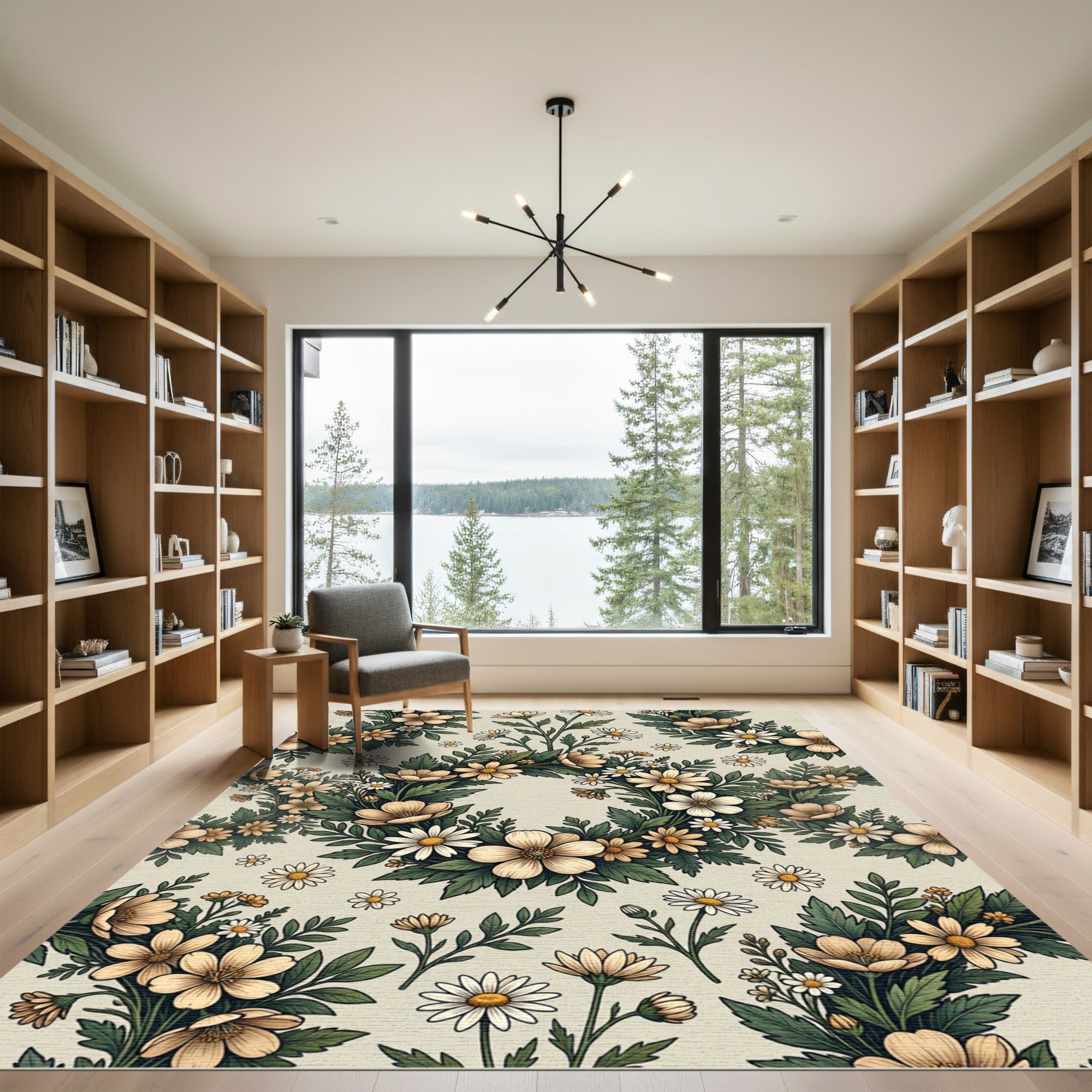 Elegant Beige Cream Wildflower Wreath Rug