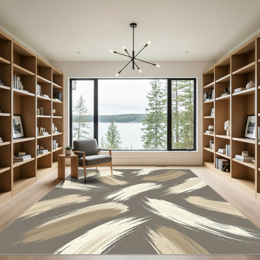 Modern Taupe Abstract Brush Stroke Rug