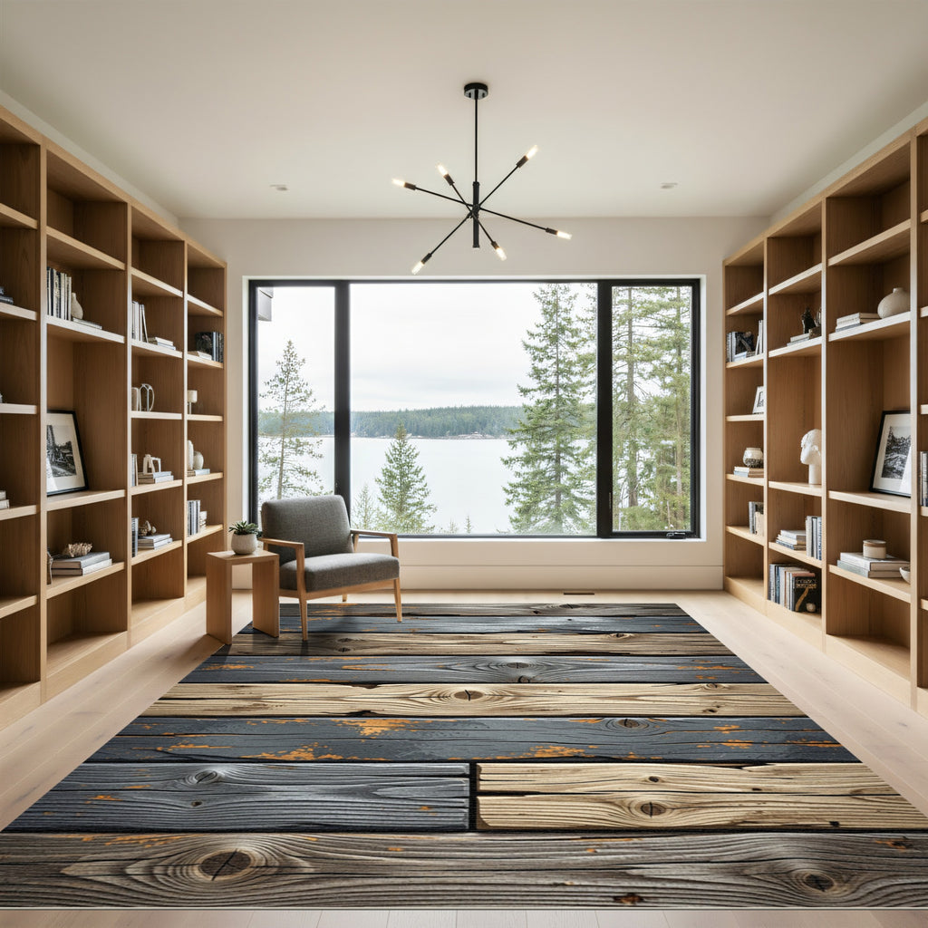 Distressed Wood Grain Plank Composition Rug