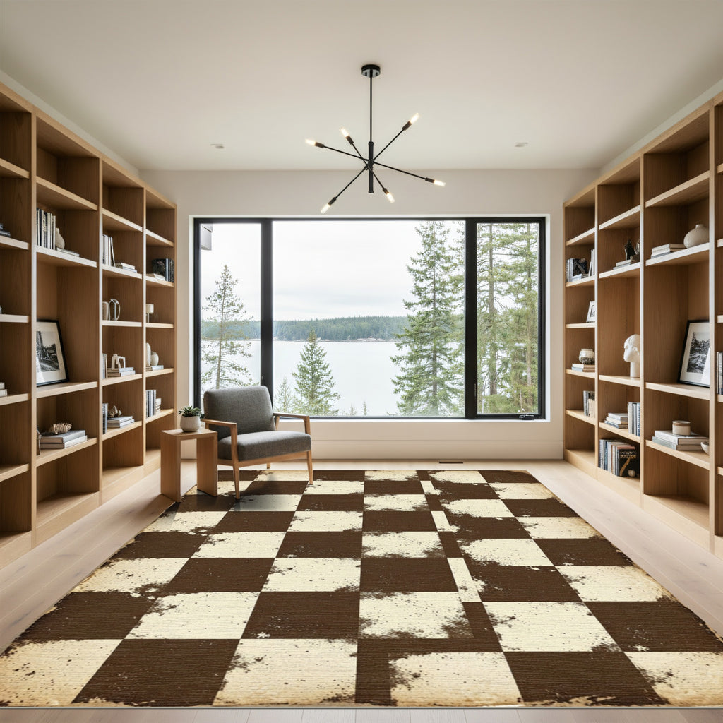 Vintage Brown Checkerboard Grunge Rug