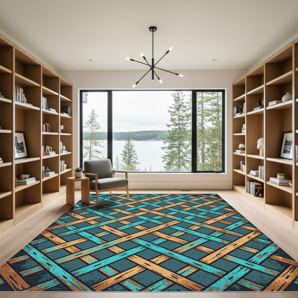 Teal Gold Woven Lattice Rug
