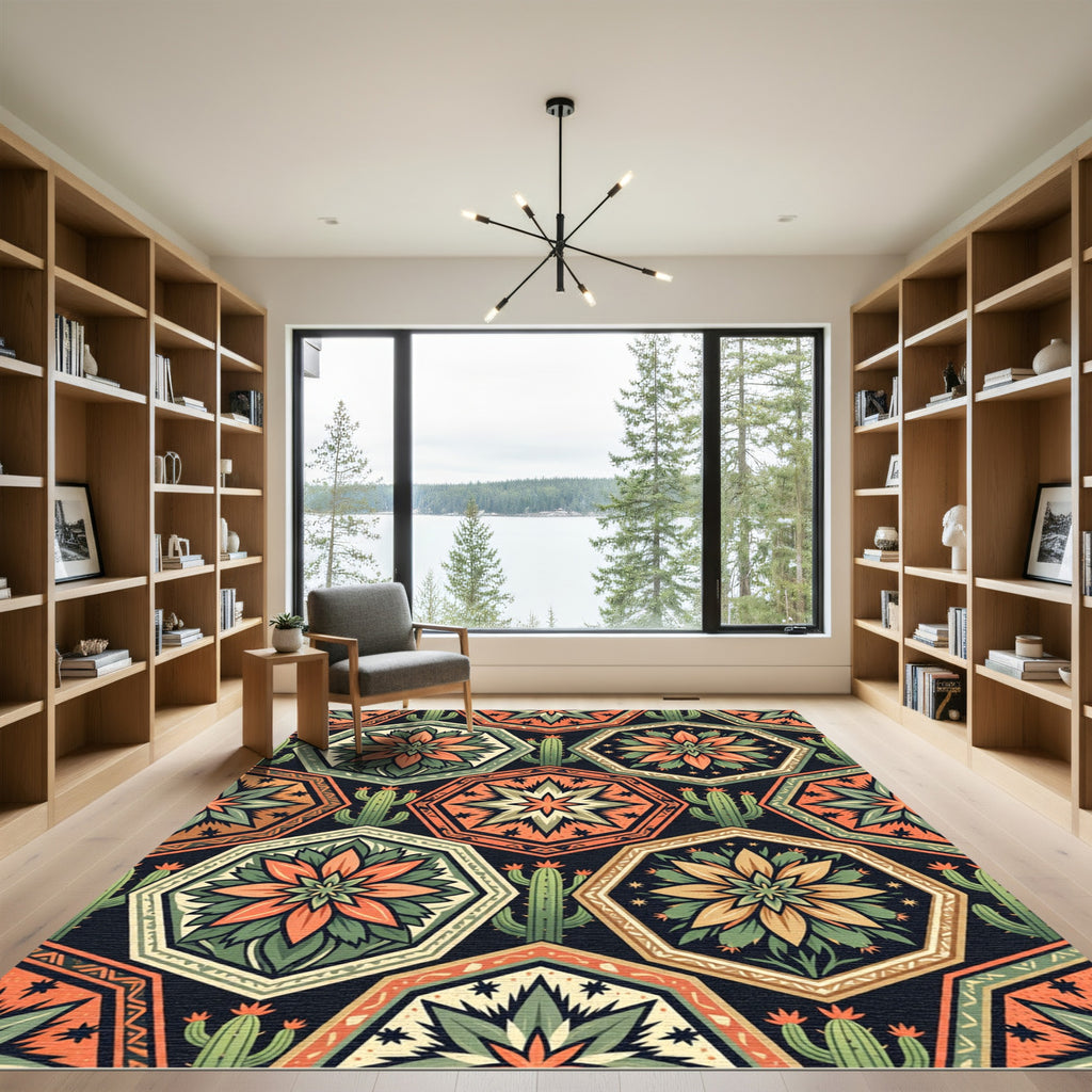 Southwestern Sun Cactus Geometric Medallion Rug
