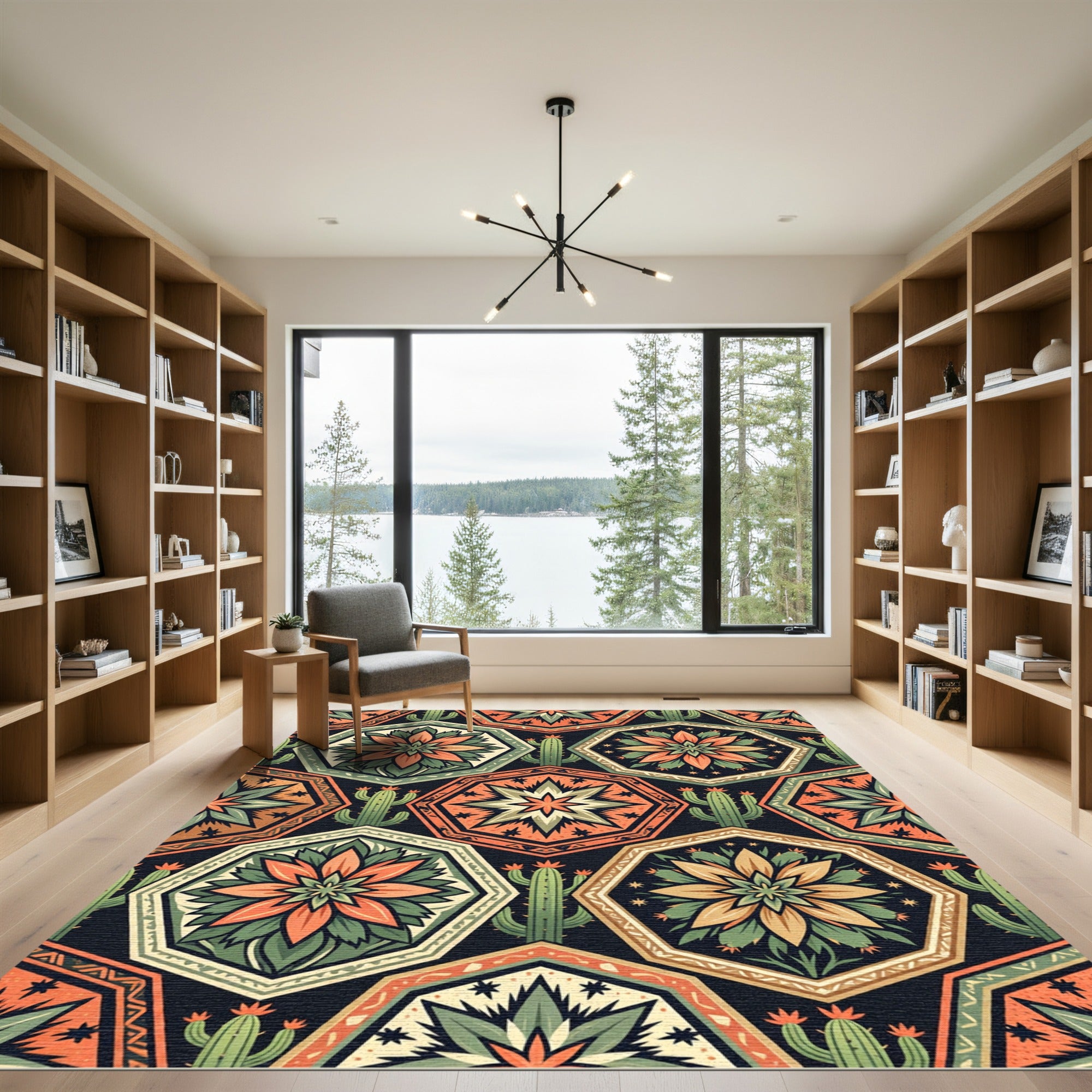 Southwestern Sun Cactus Geometric Medallion Rug
