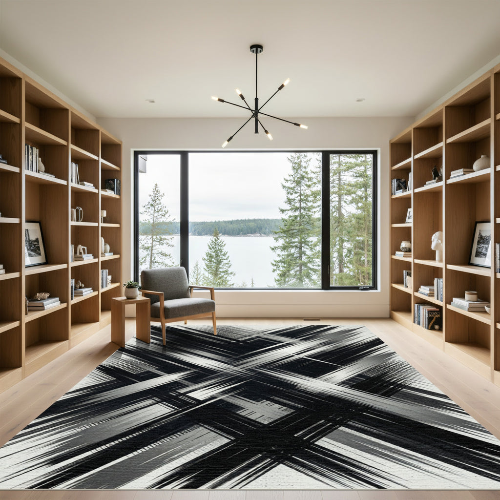 Black White Abstract Scratched Lines Rug