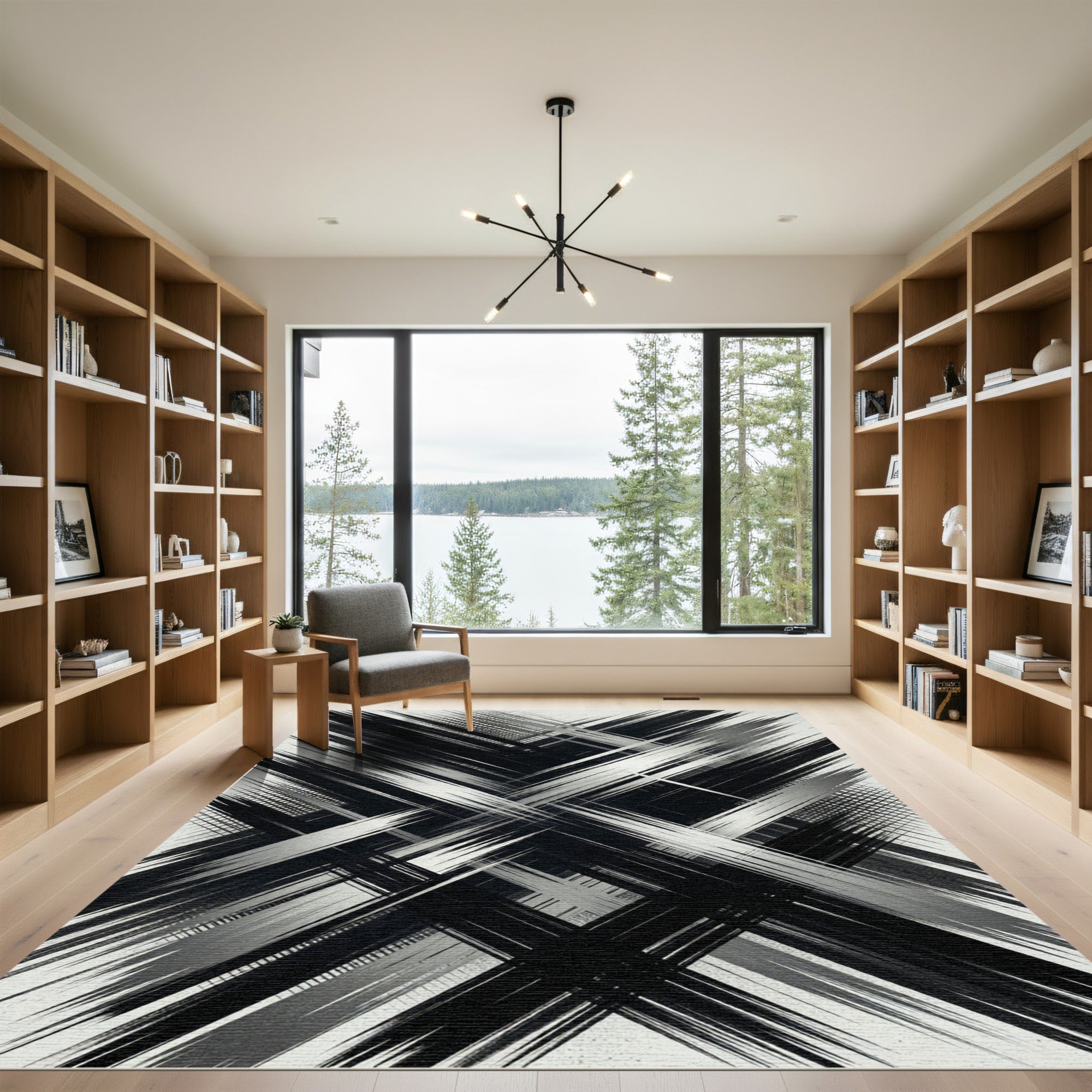 Black White Abstract Scratched Lines Rug