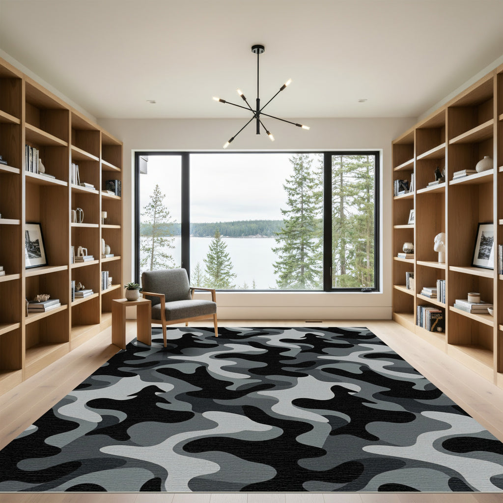 Modern Urban Monochrome Camouflage Abstract Rug