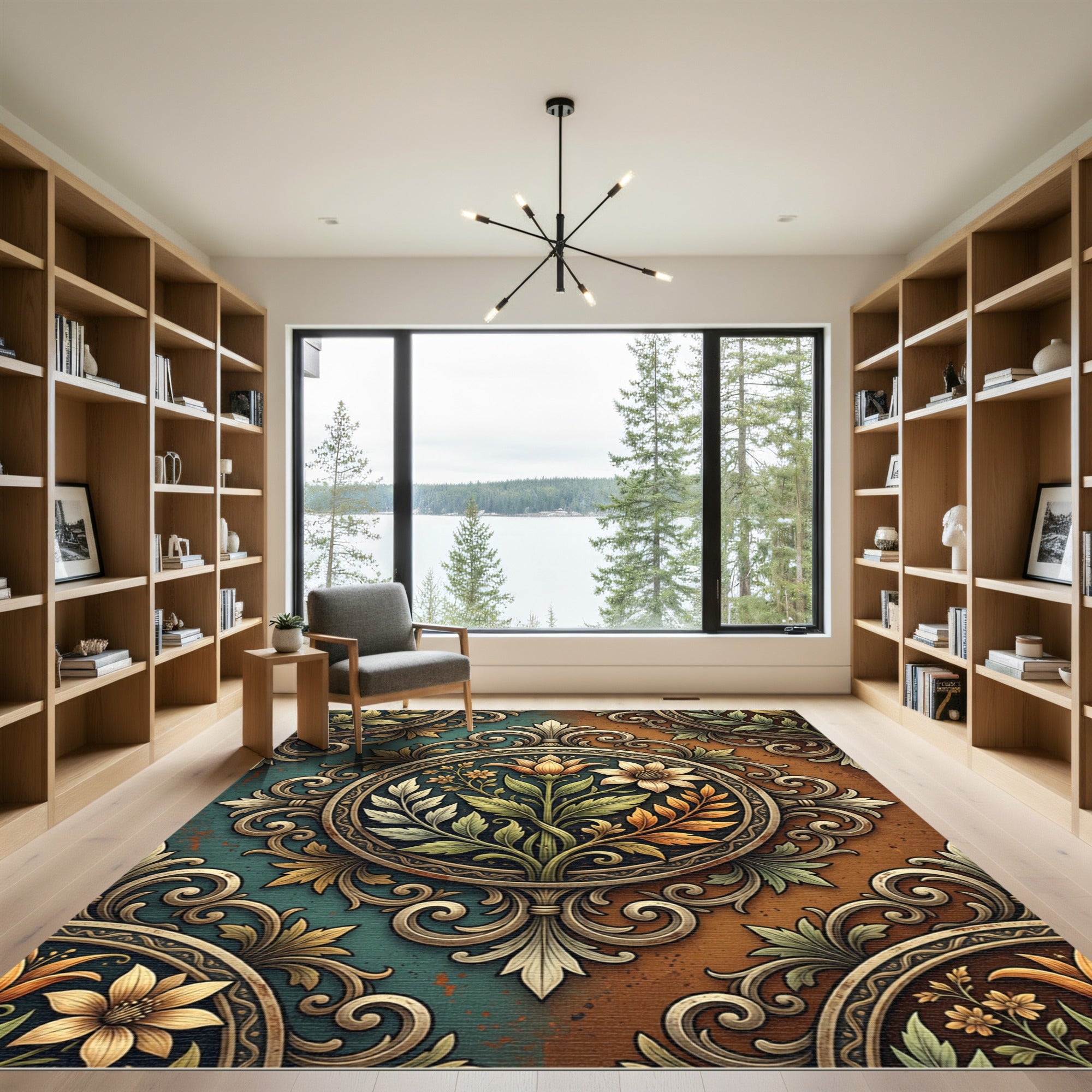 Ornate Floral Medallion Teal Orange Rug