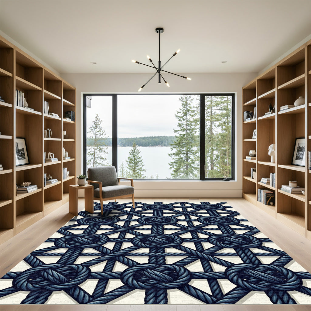 Deep Blue Nautical Knot Lattice Rug
