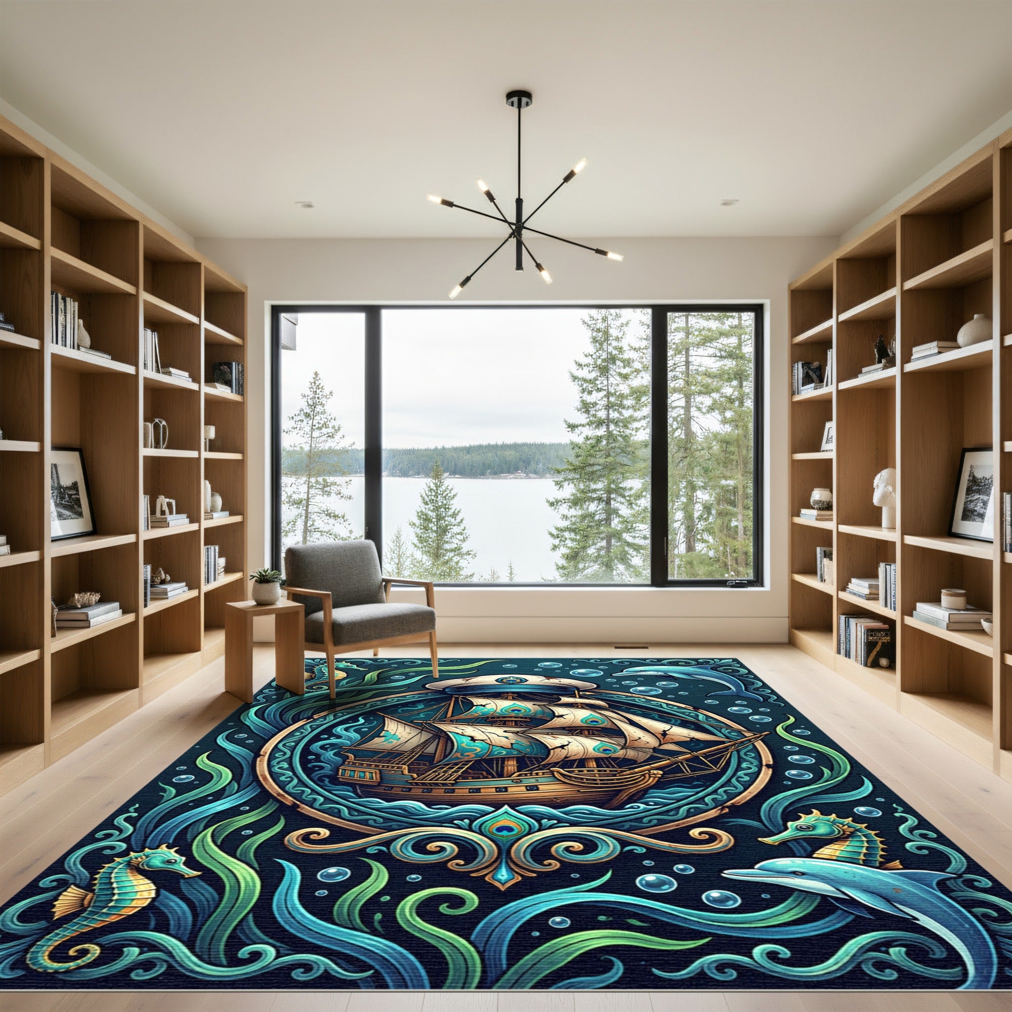 Nautical Peacock Ship Teal Marine Art Rug