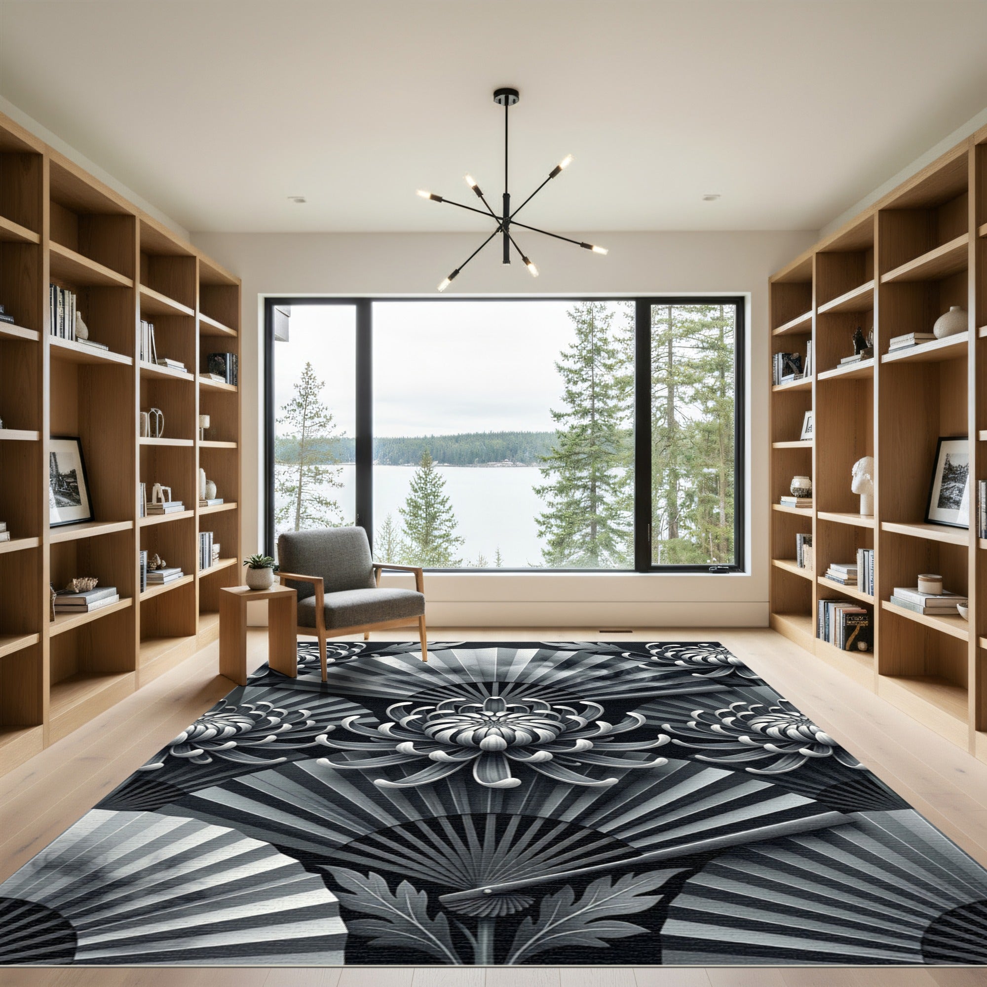Monochromatic Chrysanthemum Fan Arrangement Rug
