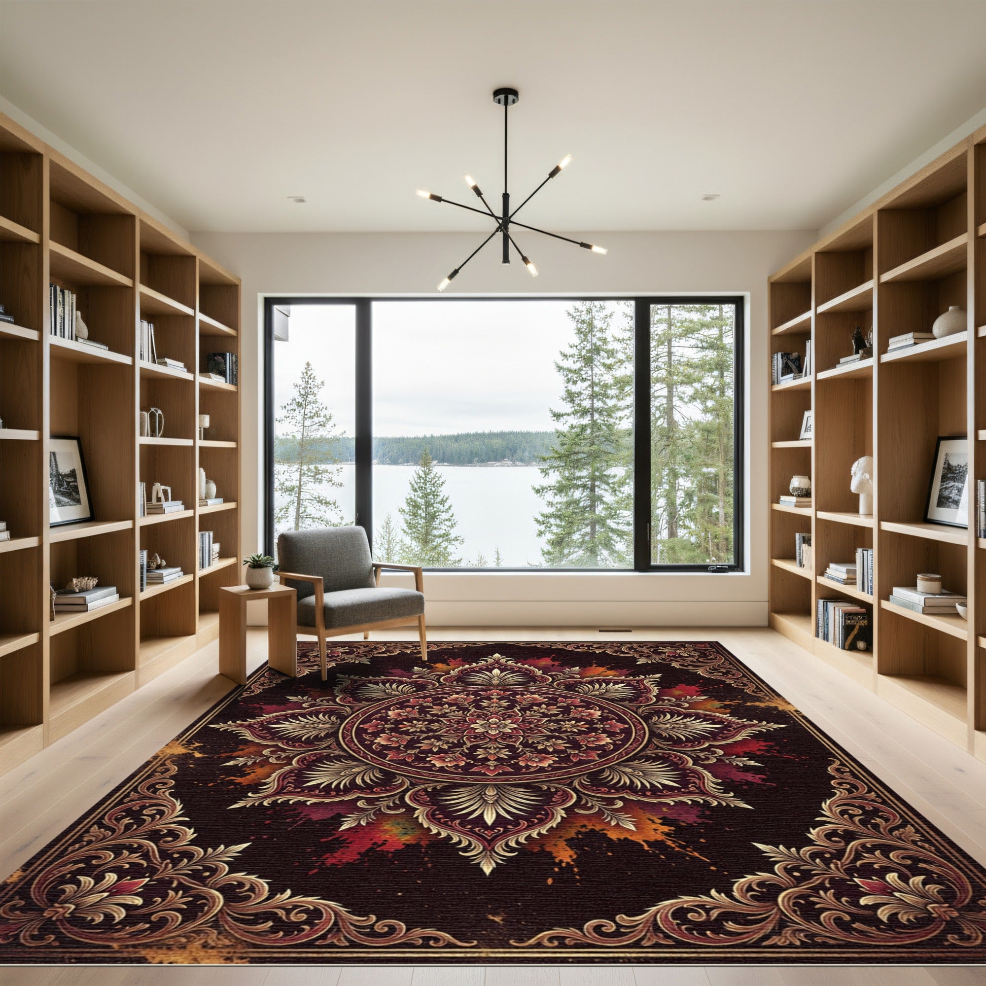 Opulent Crimson Gold Ornate Mandala Art Rug
