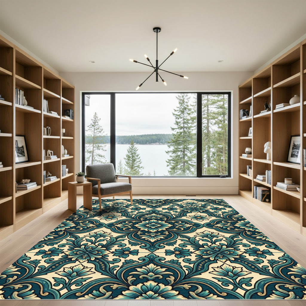Ornate Teal Floral Damask Medallion Rug