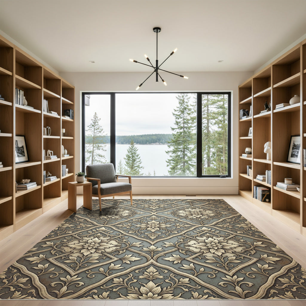 Elegant Sage and Gold Damask Scroll Rug