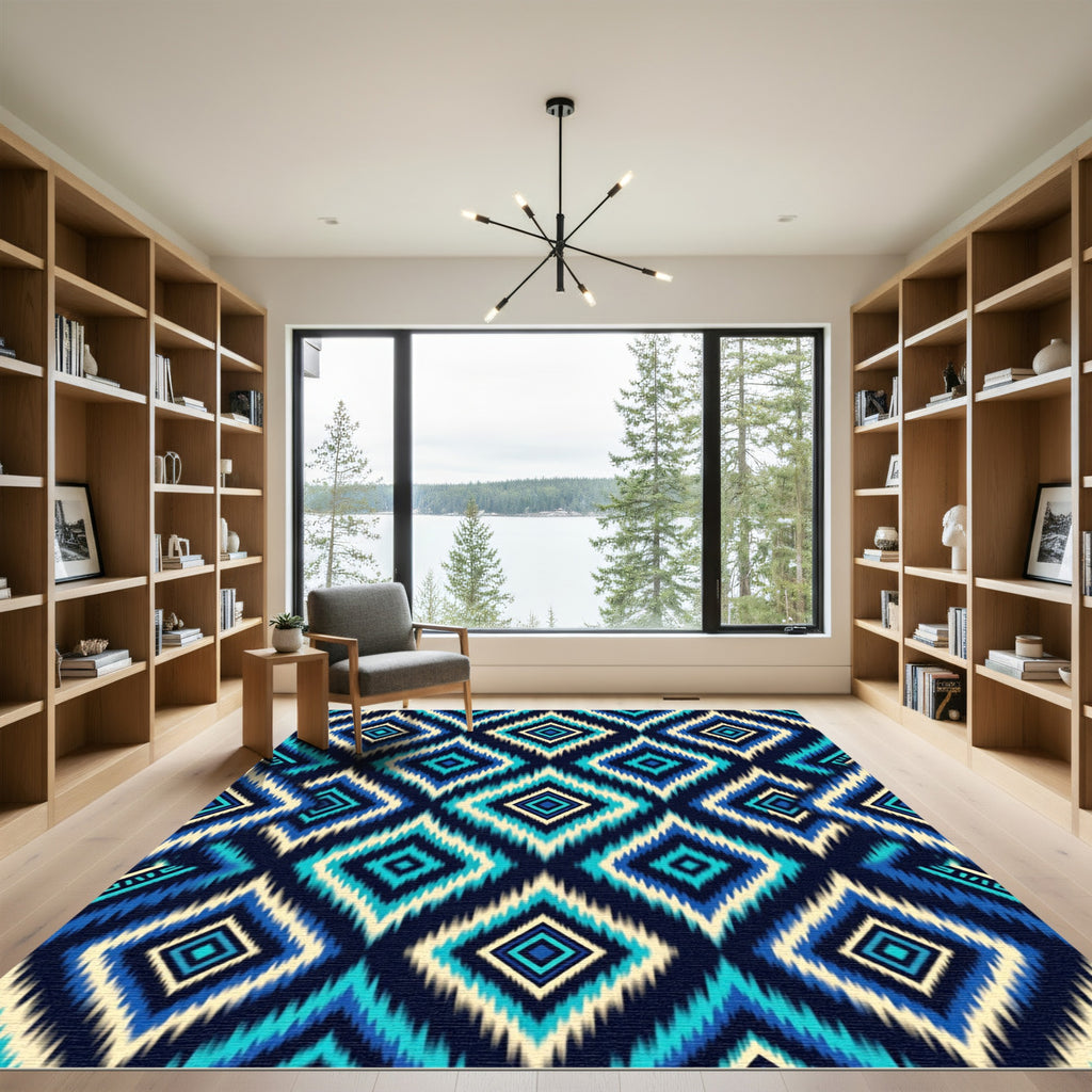Vibrant Blue Geometric Ikat Diamond Rug