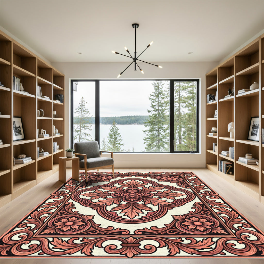 Ornate Coral Acanthus Scroll Panel Rug