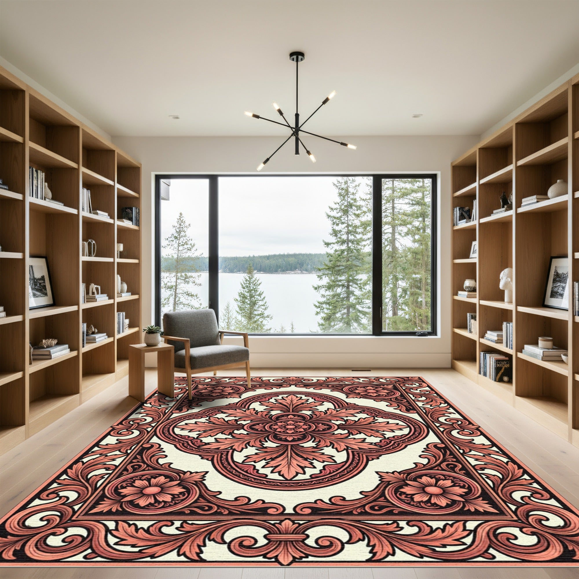 Ornate Coral Acanthus Scroll Panel Rug