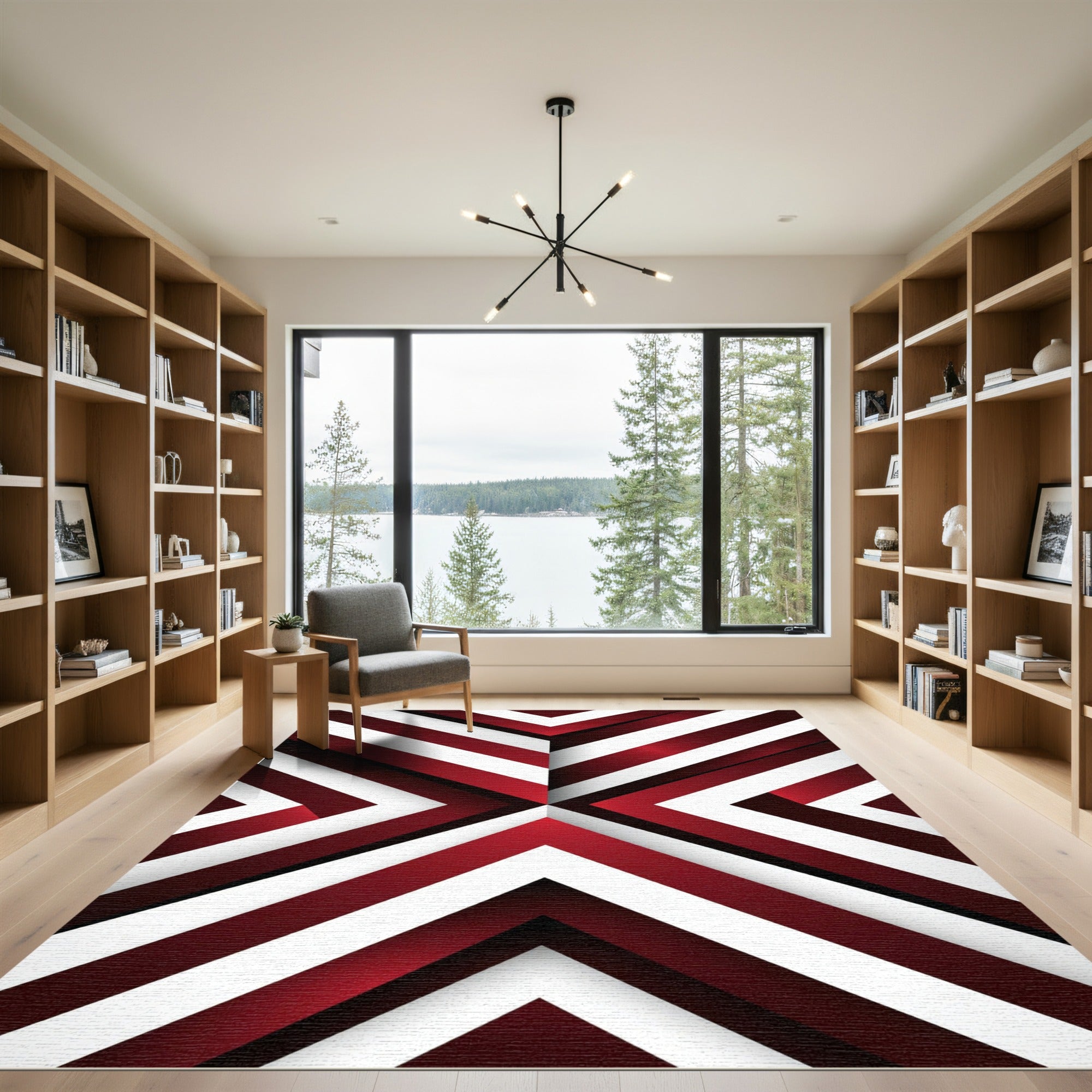 Crimson White Chevron Illusion Rug