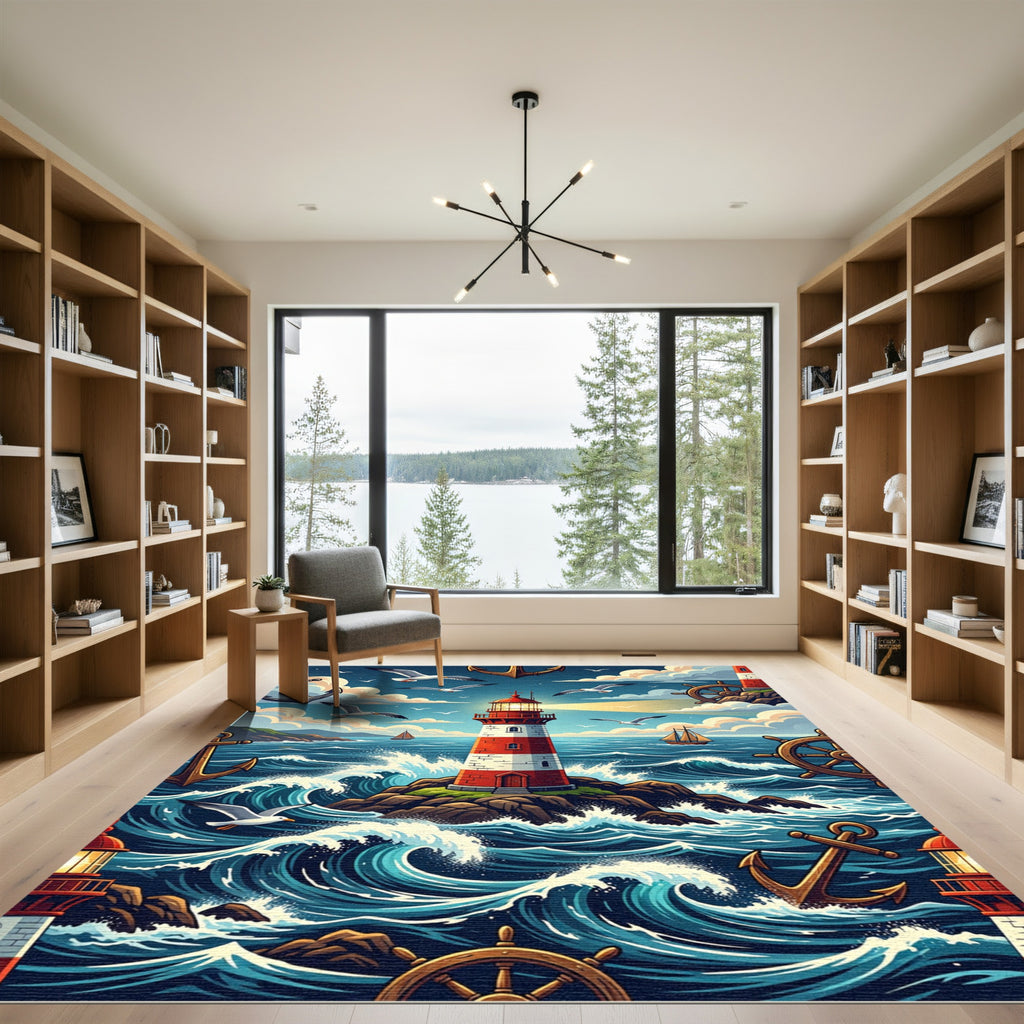 Nautical Lighthouse Anchor Maritime Ocean Scene Rug