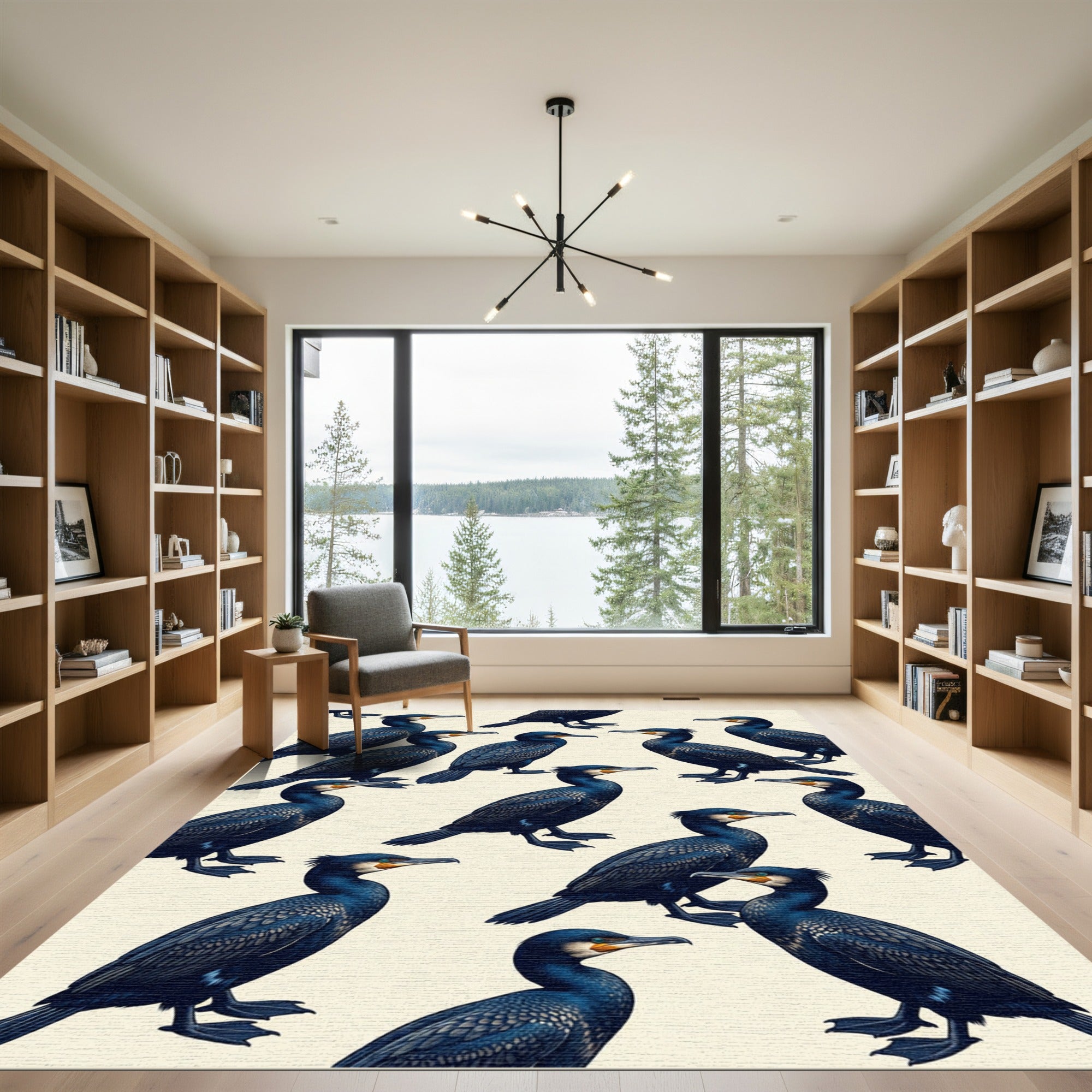 Elegant Cobalt Cormorant Avian Illustration Rug