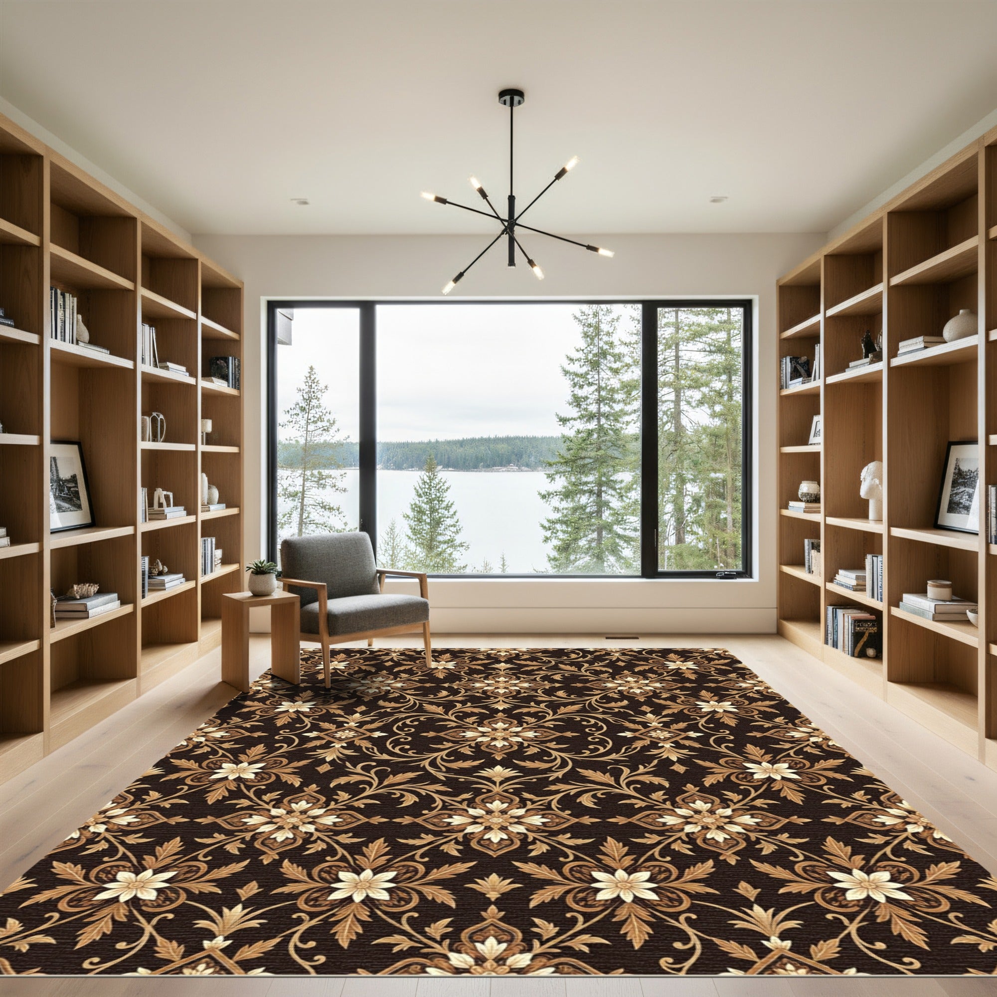 Intricate Floral Brown and Gold Medallion Rug