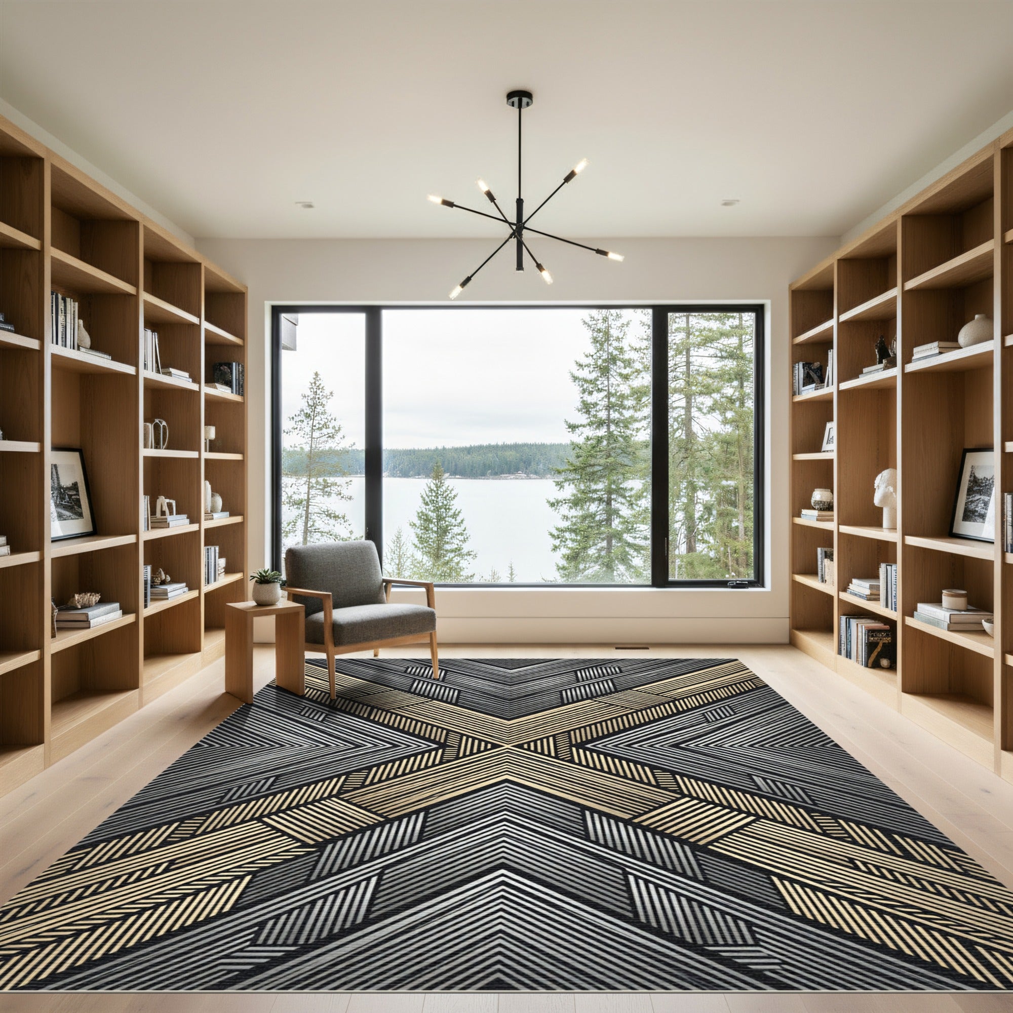 Gold Silver Linear Chevron Geometric Rug