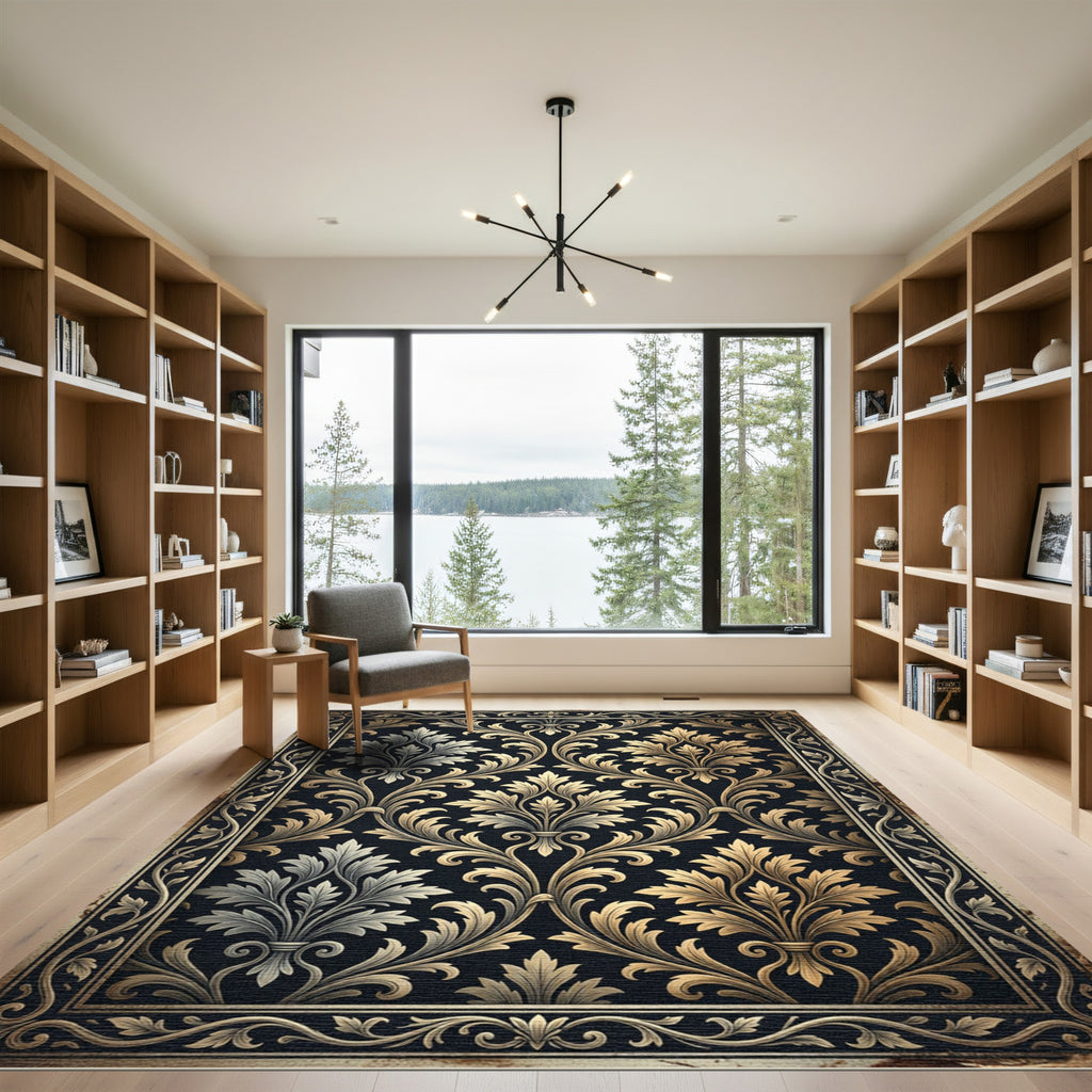 Elegant Gold and Charcoal Damask Scroll Rug