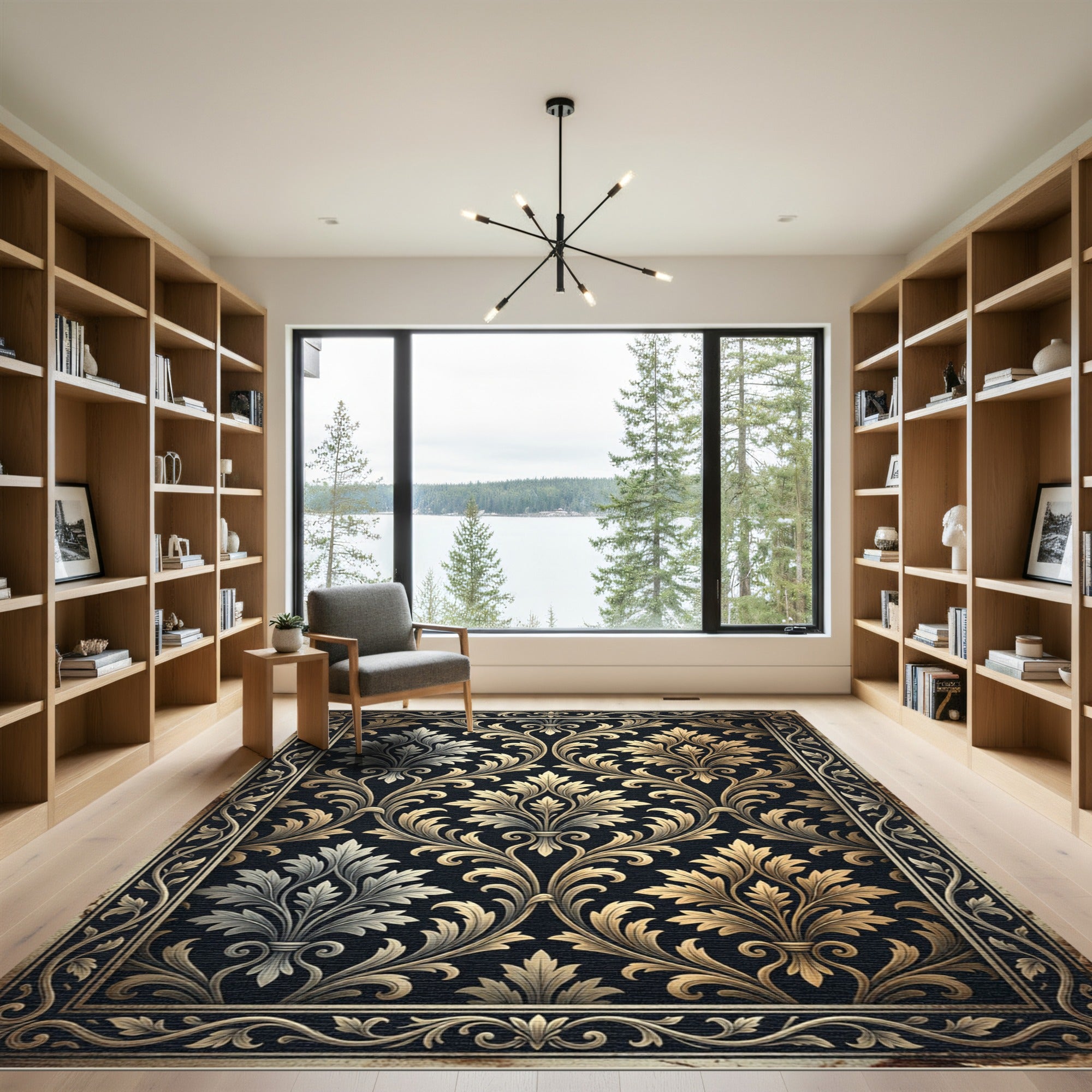 Elegant Gold and Charcoal Damask Scroll Rug