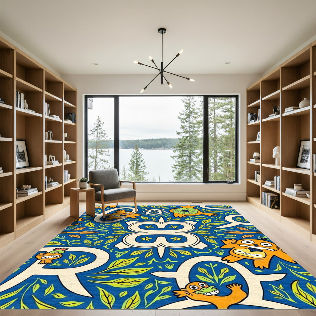 Whimsical creatures blue foliage repeat Rug
