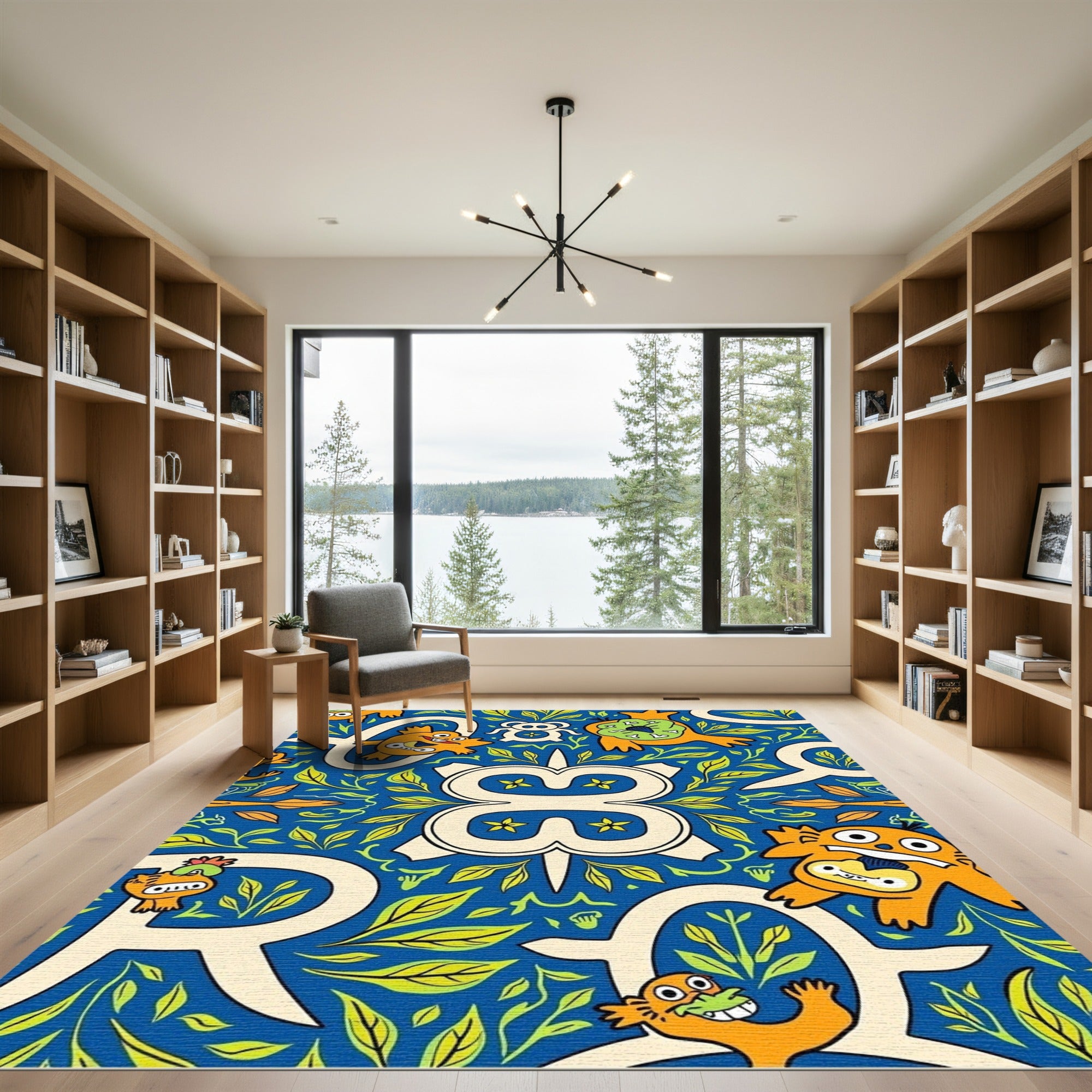 Whimsical creatures blue foliage repeat Rug