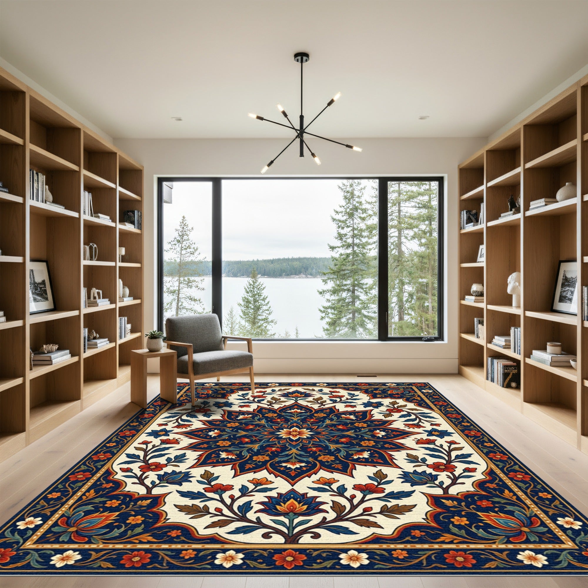 Deep Blue Floral Medallion Garden Rug