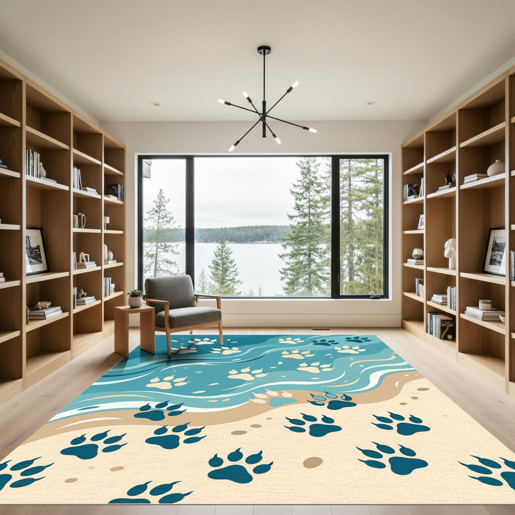 Coastal Blue Paw Print Wave Rug