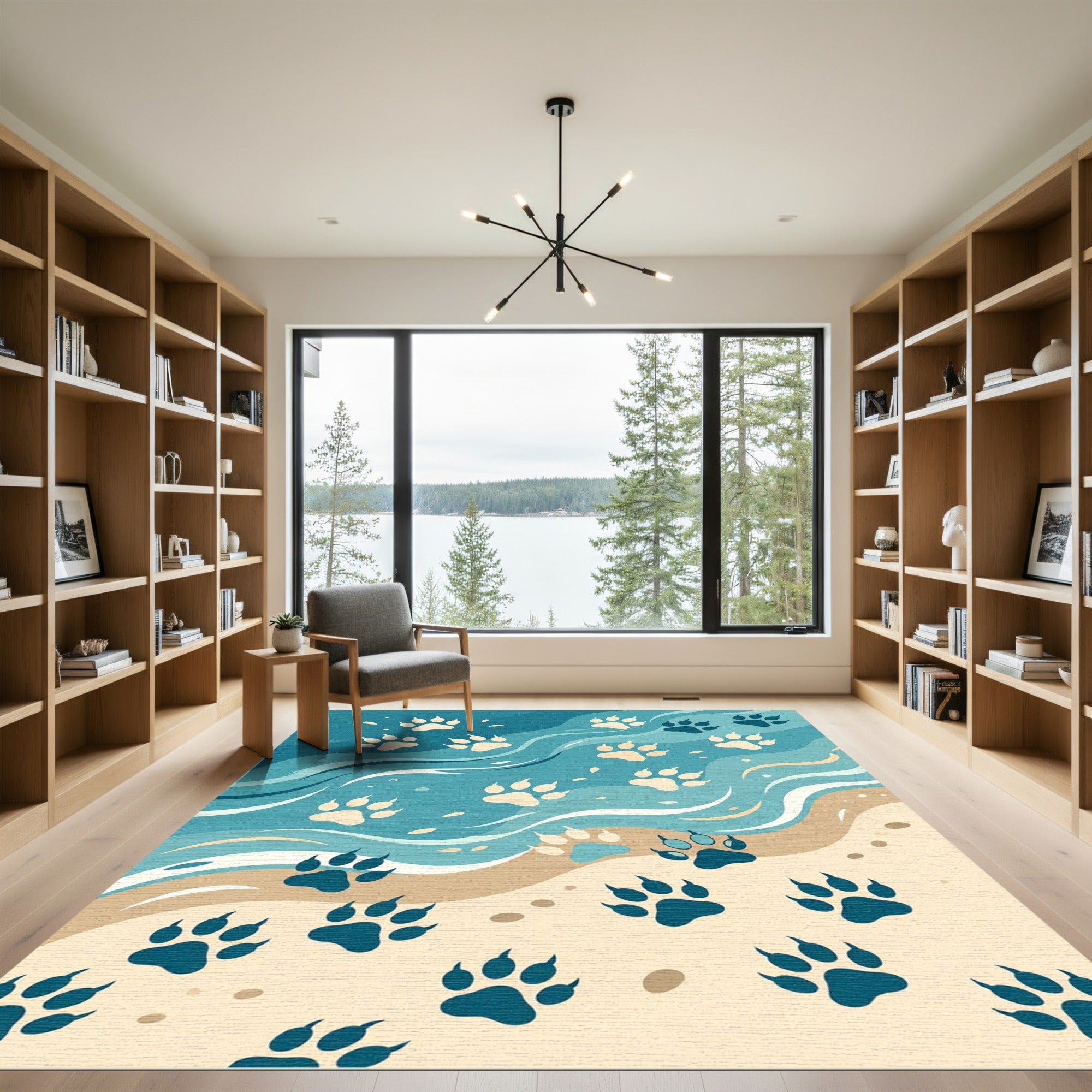 Coastal Blue Paw Print Wave Rug
