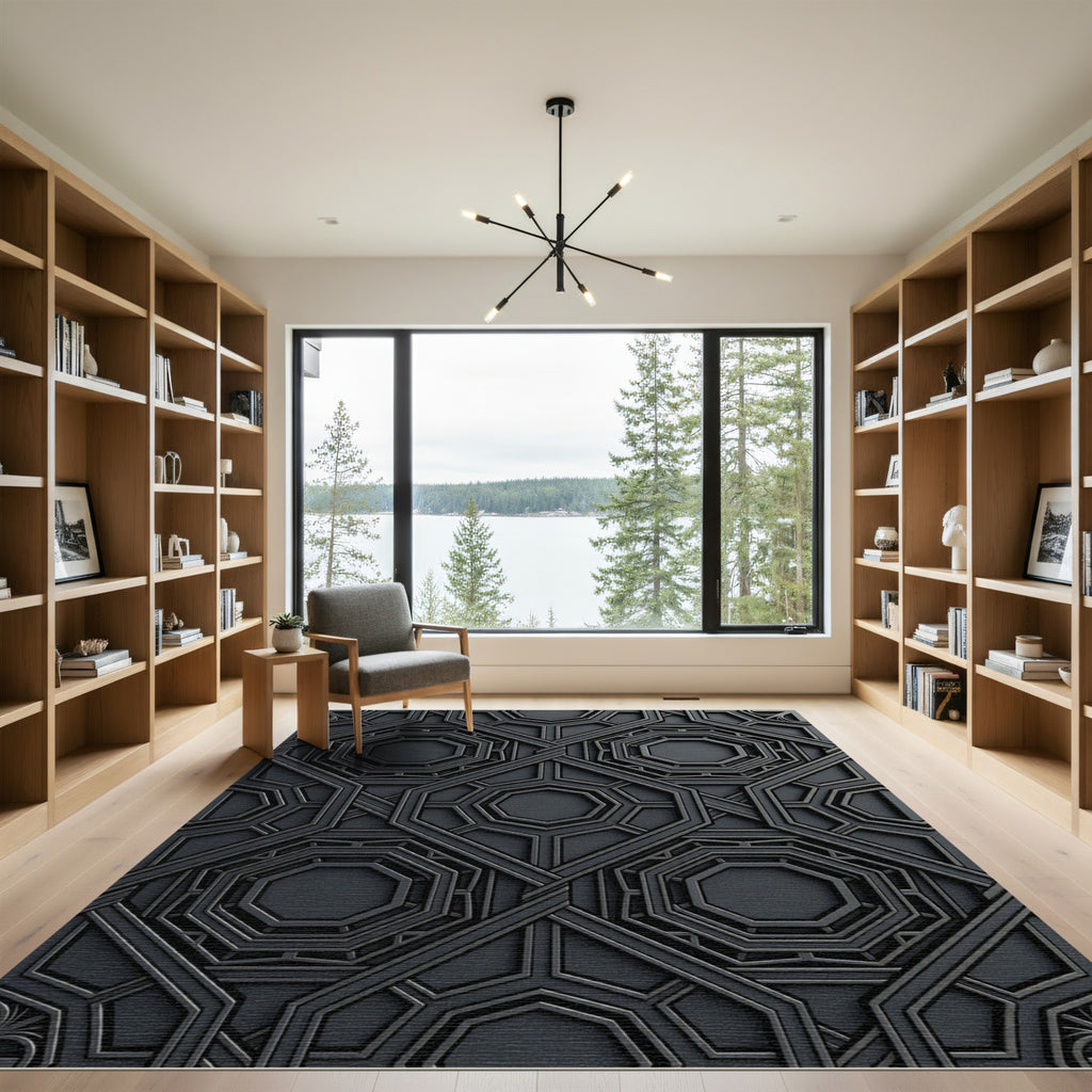 Sophisticated Charcoal Geometric Octagon Art Rug